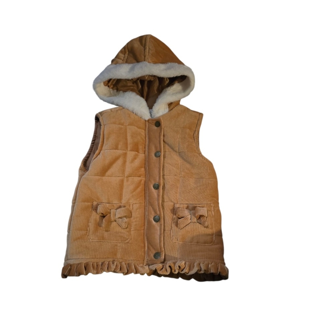 Nicole Miller Toddler Corduroy Hooded Vest – Faux Fur Trim, Bow Pockets, Ruffle